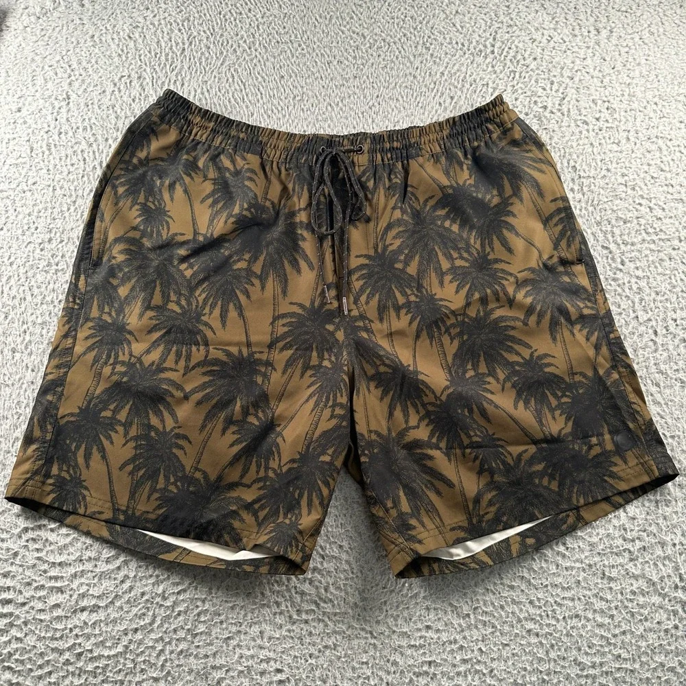 Outerknown Swim Trunks Mens 33 Olive Palm Print Drawstring Unlined Quick‎ Dry